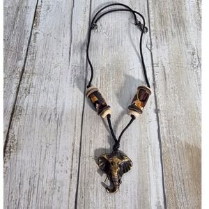 Bronze Elephant Pendant Necklace Boho Animal Print Beads Black Cord Jewelry
